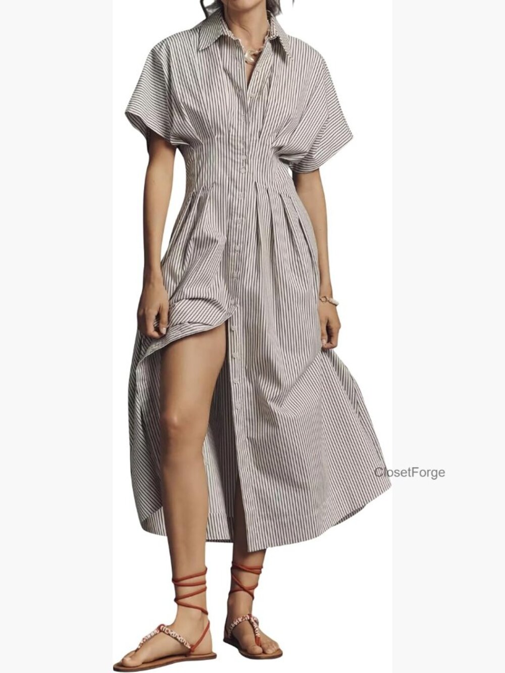 Striped Button Pleated Shirt Maxi Dress Summer Short Sleeve V-Neck Corset Long - Picture 1 of 7